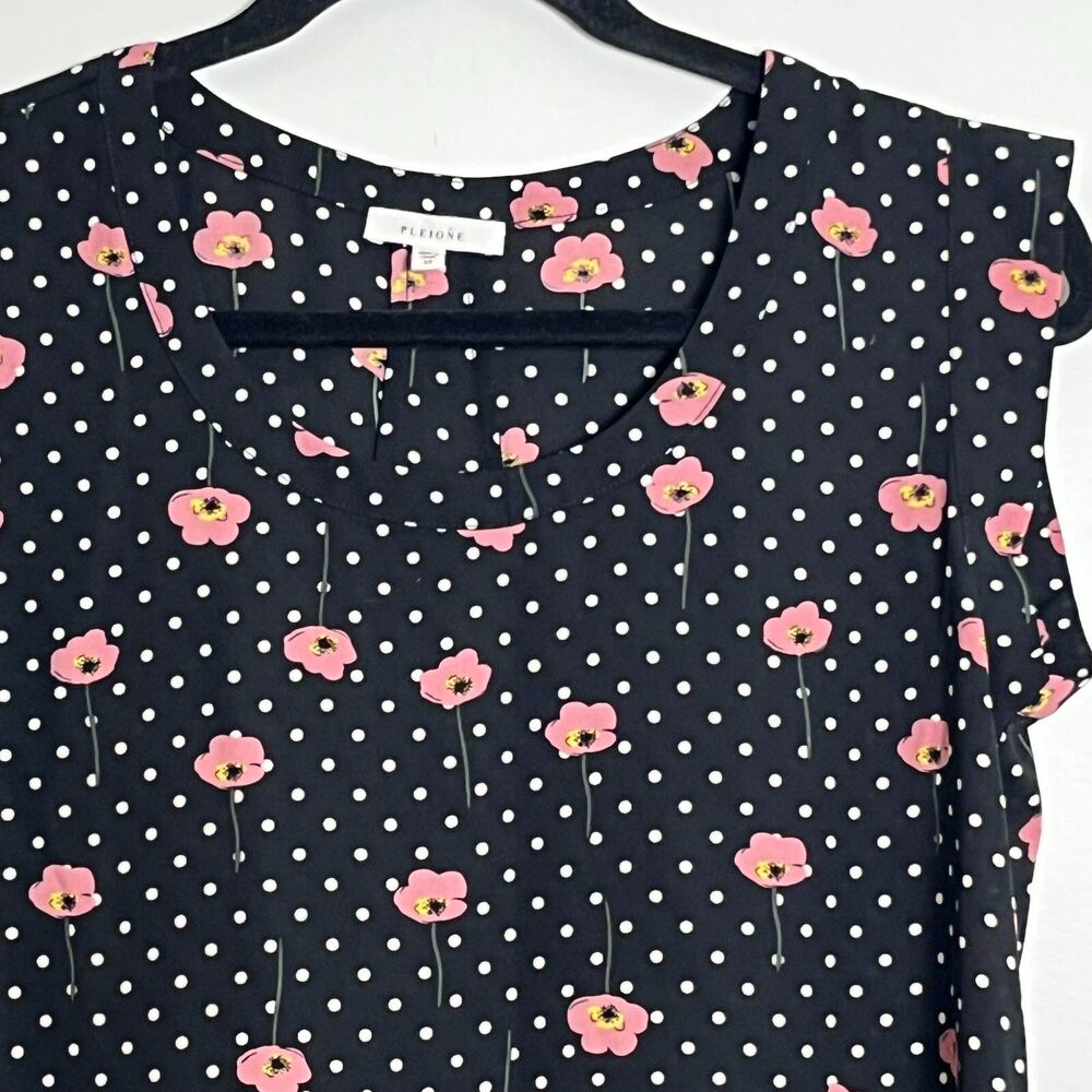 Pleione Sheer Boho Floral Polka Dot Blouse Size XS Black White Pink Chiffon Top
